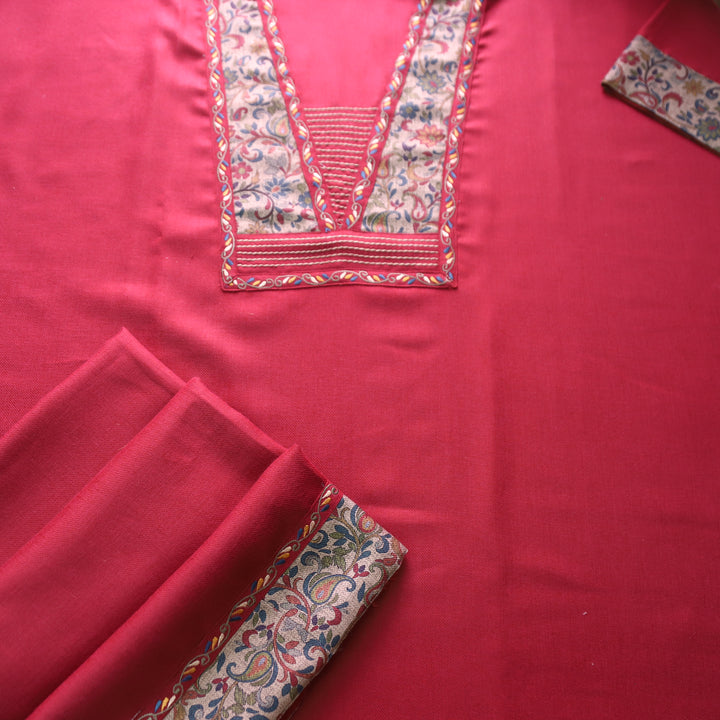 निहारिका Berry Red Floral Print Yoke with Embroidered Work Semi Pashmina 2 Piece Set