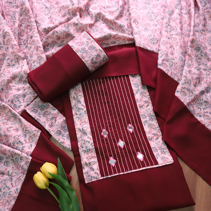 निहारिका Mahogany Red in Thread with Mirror Floral Yoke Semi Pashmina Winter Set