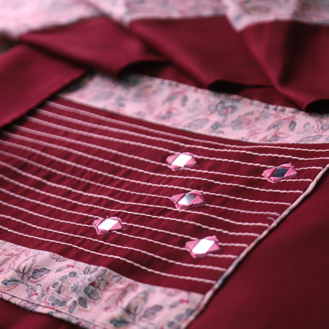निहारिका Mahogany Red in Thread with Mirror Floral Yoke Semi Pashmina Winter Set