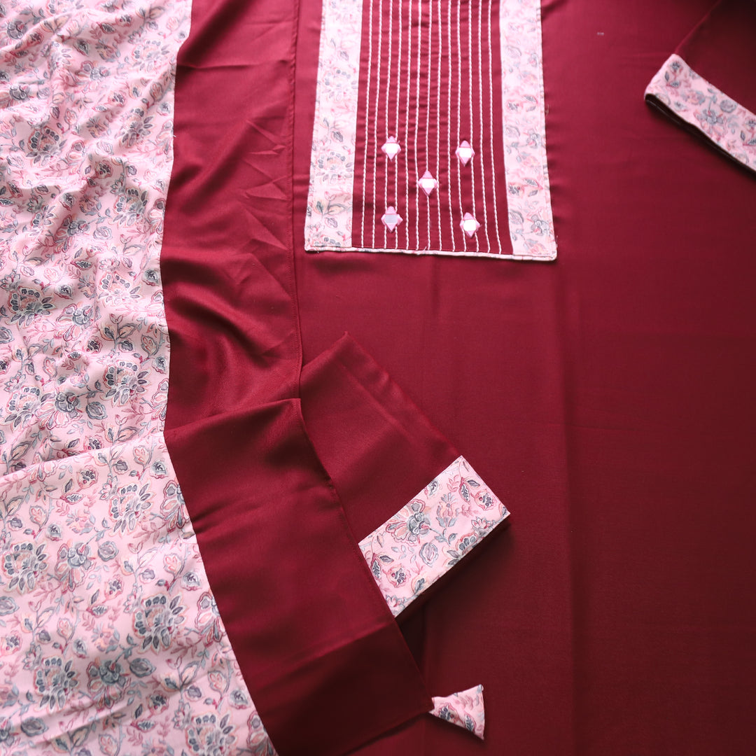 निहारिका Mahogany Red in Thread with Mirror Floral Yoke Semi Pashmina Winter Set