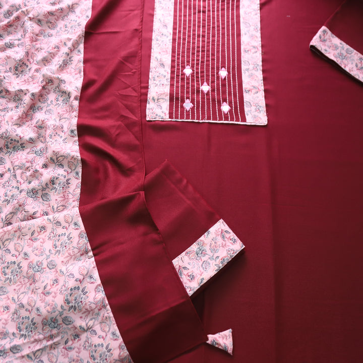 निहारिका Mahogany Red in Thread with Mirror Floral Yoke Semi Pashmina Winter Set