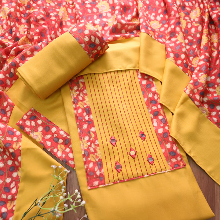 निहारिका Turmeric Yellow in Thread with Mirror Floral Yoke Semi Pashmina Winter Set