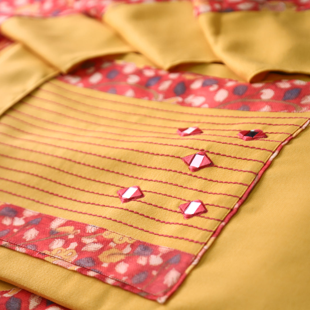निहारिका Turmeric Yellow in Thread with Mirror Floral Yoke Semi Pashmina Winter Set