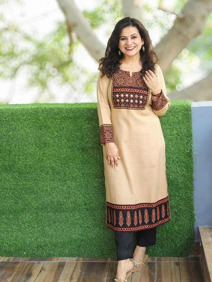 Raya Sand Beige Ajrak Printed Yoke with Mirror Work Semi Pashmina Winter Kurti