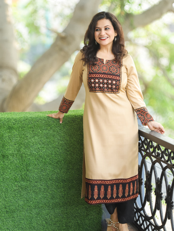 Raya Sand Beige Ajrak Printed Yoke with Mirror Work Semi Pashmina Winter Kurti