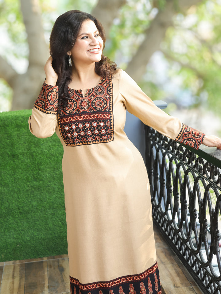 Raya Sand Beige Ajrak Printed Yoke with Mirror Work Semi Pashmina Winter Kurti