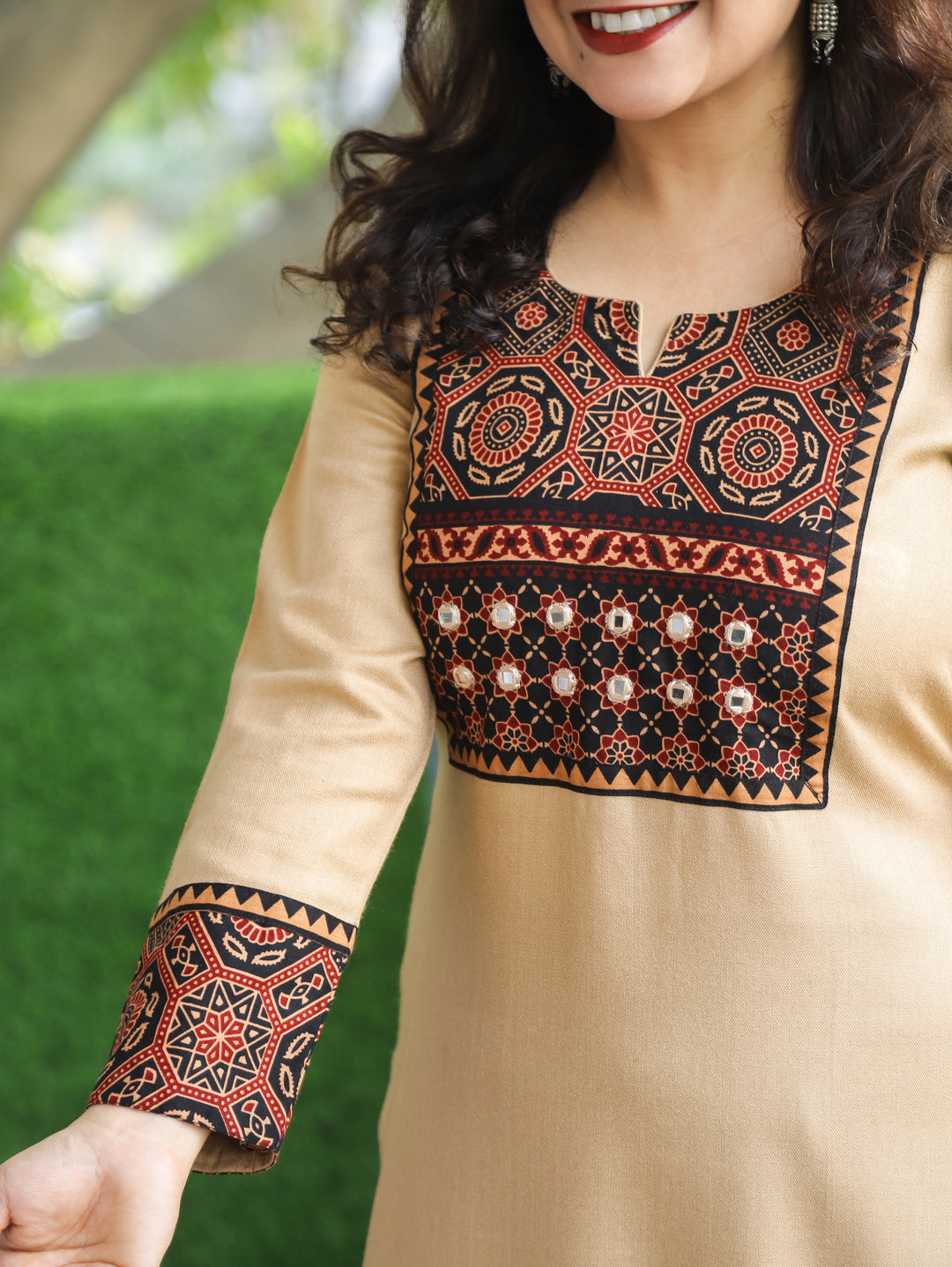 Raya Sand Beige Ajrak Printed Yoke with Mirror Work Semi Pashmina Winter Kurti