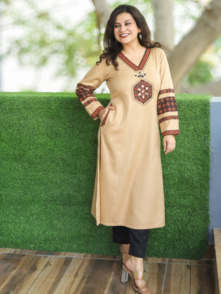 Trinay Sand Beige V Neck Mirror Work on Ajrak Patch Semi Pashmina Kurti with Pocket