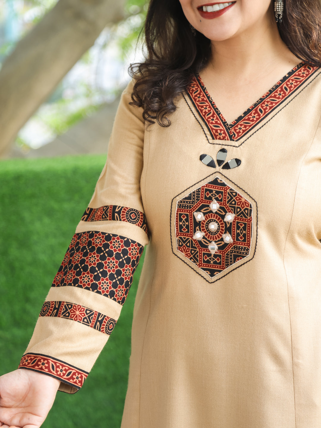Trinay Sand Beige V Neck Mirror Work on Ajrak Patch Semi Pashmina Kurti with Pocket