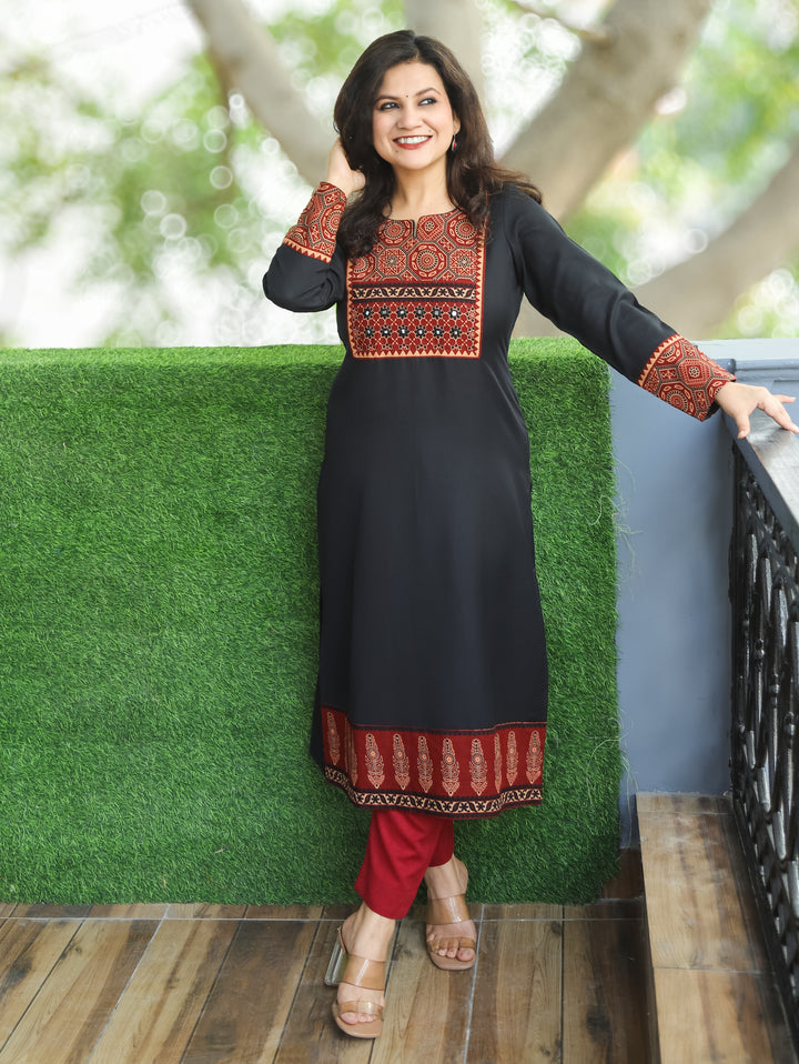 Raya Night Black Ajrak Printed Yoke with Mirror Work Semi Pashmina Winter Kurti