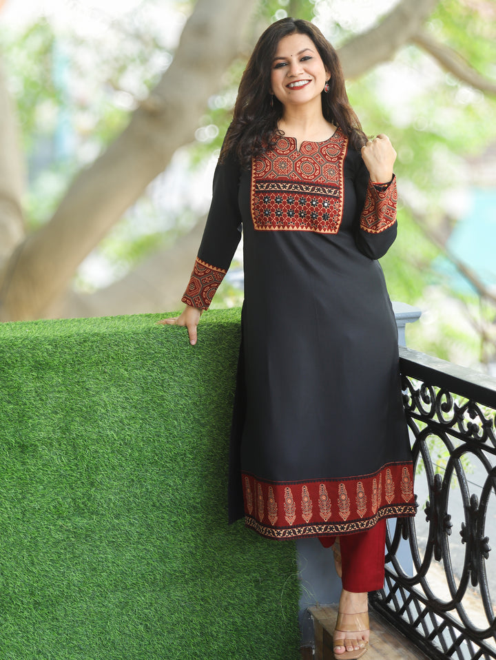 Raya Night Black Ajrak Printed Yoke with Mirror Work Semi Pashmina Winter Kurti