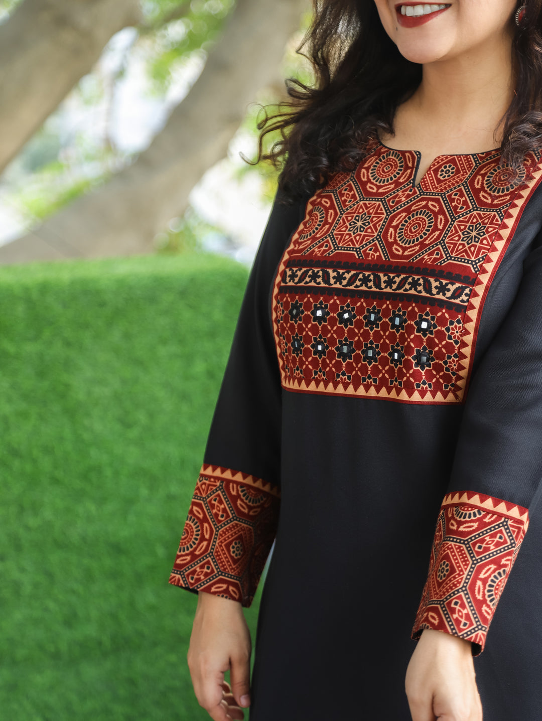 Raya Night Black Ajrak Printed Yoke with Mirror Work Semi Pashmina Winter Kurti