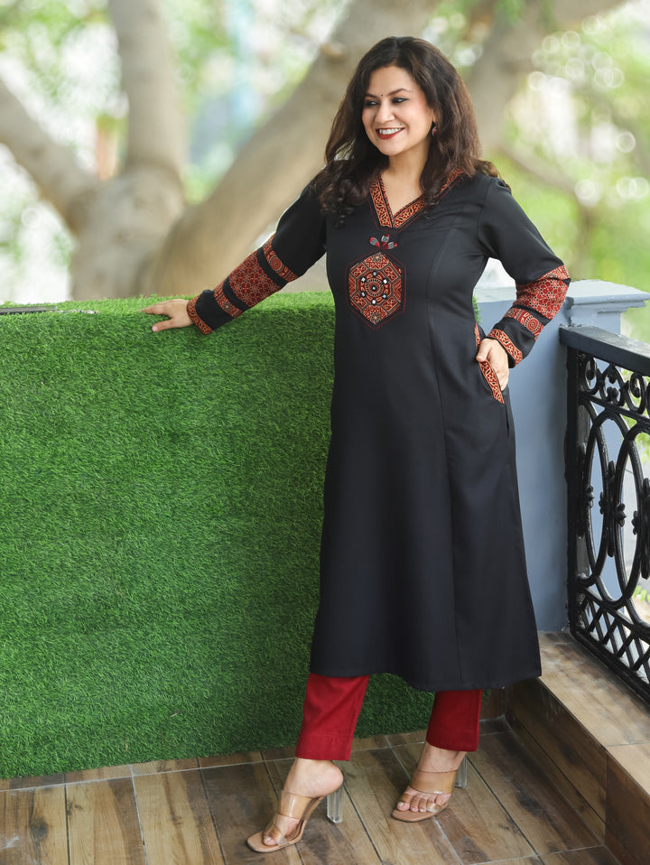 Trinay Ebony Black V Neck Mirror Work on Ajrak Patch Semi Pashmina Kurti with Pocket