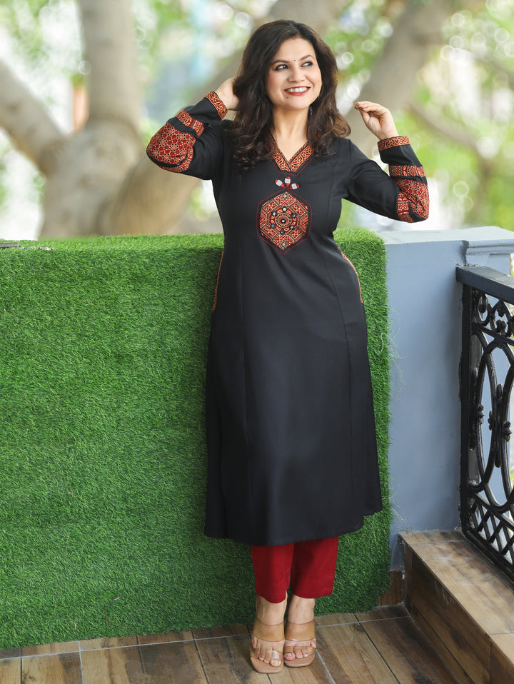 Trinay Ebony Black V Neck Mirror Work on Ajrak Patch Semi Pashmina Kurti with Pocket