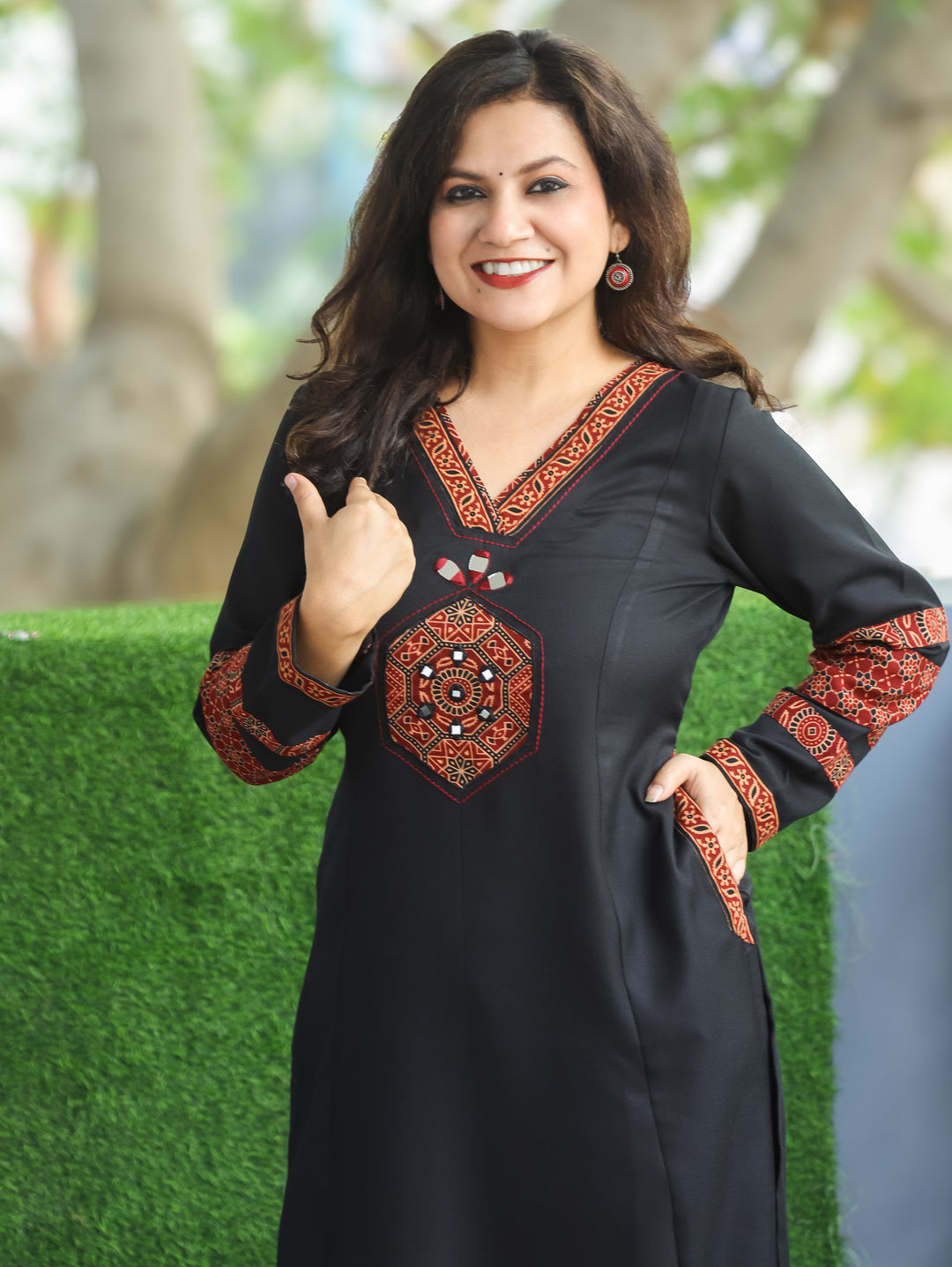 Trinay Ebony Black V Neck Mirror Work on Ajrak Patch Semi Pashmina Kurti with Pocket