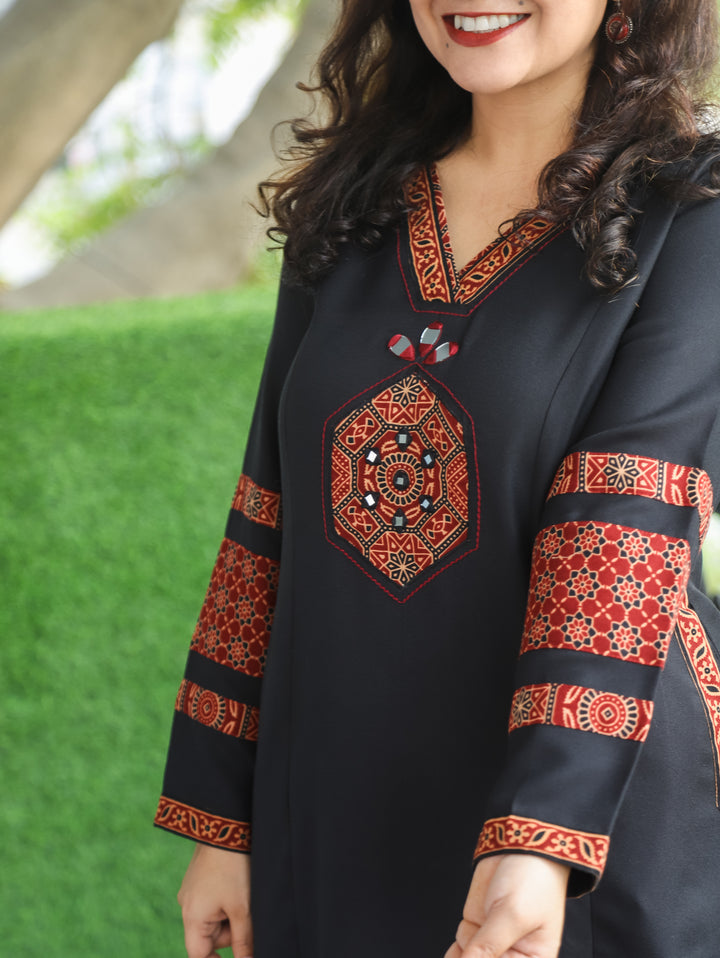 Trinay Ebony Black V Neck Mirror Work on Ajrak Patch Semi Pashmina Kurti with Pocket