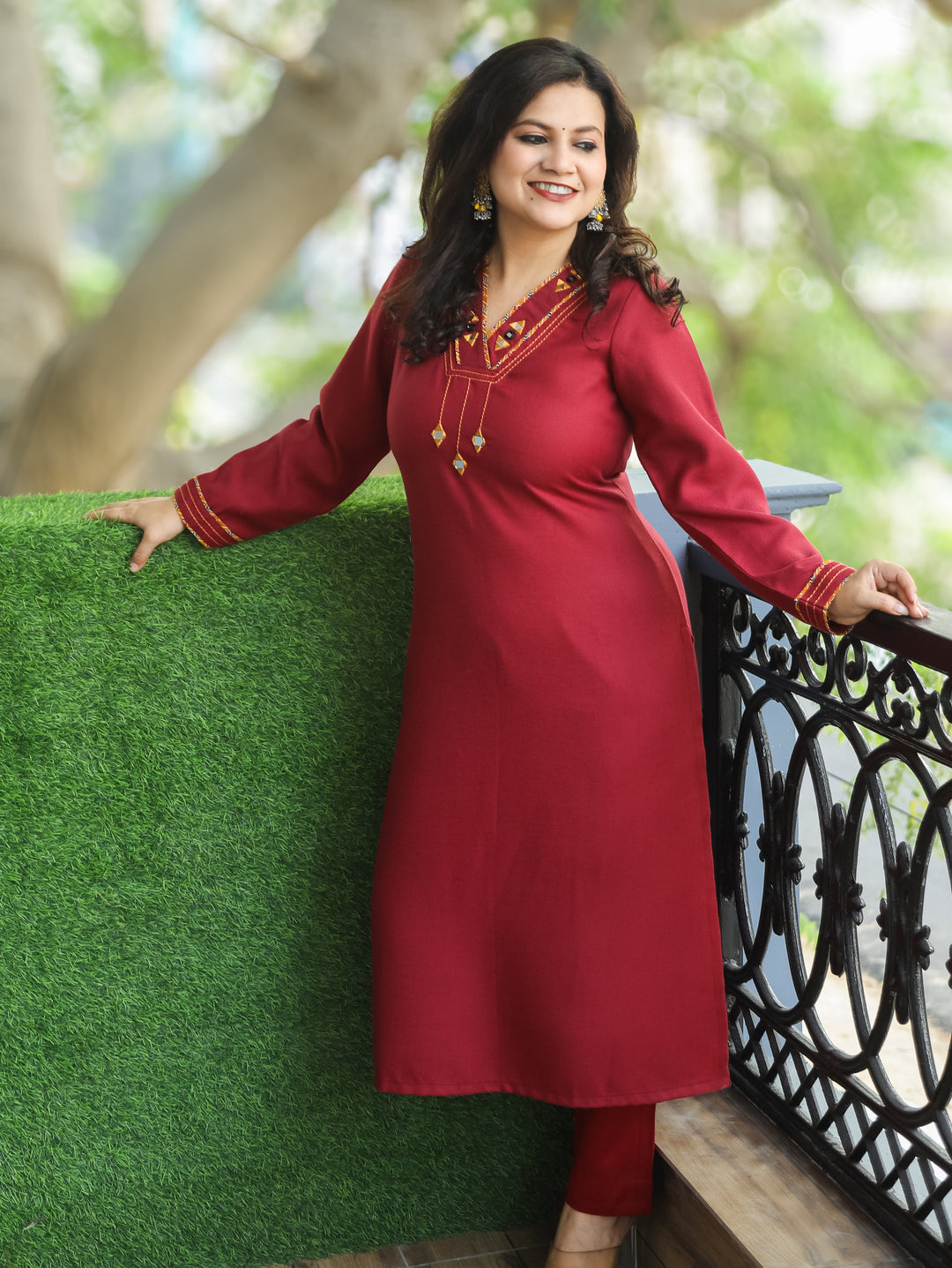 Anjali Brick Red V Neck with Mirror in Patch Work Semi Pashmina Winter Kurti