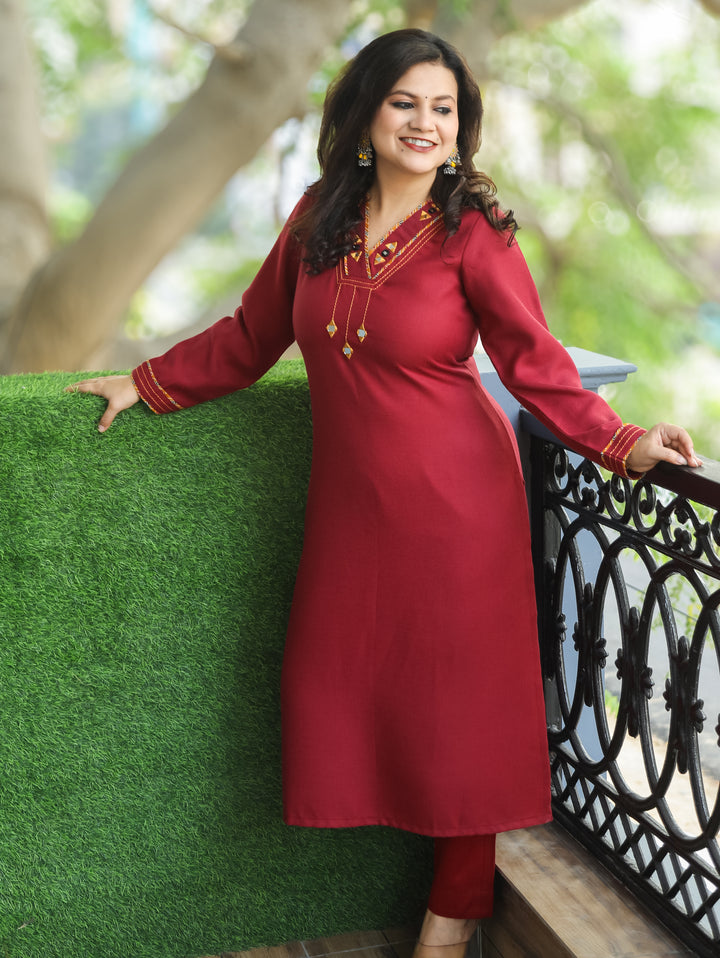 Anjali Brick Red V Neck with Mirror in Patch Work Semi Pashmina Winter Kurti