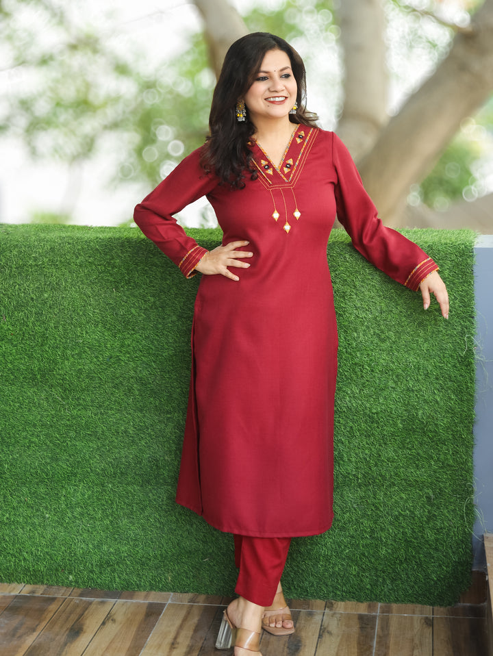 Anjali Brick Red V Neck with Mirror in Patch Work Semi Pashmina Winter Kurti