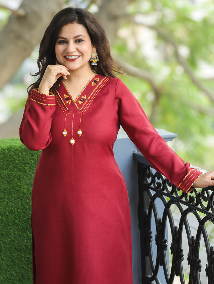Anjali Brick Red V Neck with Mirror in Patch Work Semi Pashmina Winter Kurti