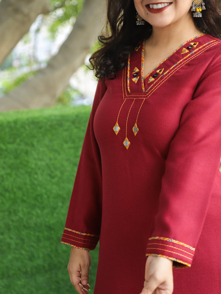 Anjali Brick Red V Neck with Mirror in Patch Work Semi Pashmina Winter Kurti