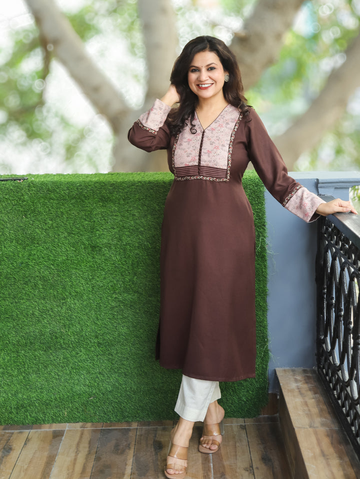 Tarang Choco Brown Potli Button Work in Floral Patch Neck Semi Pashmina Winter Kurti