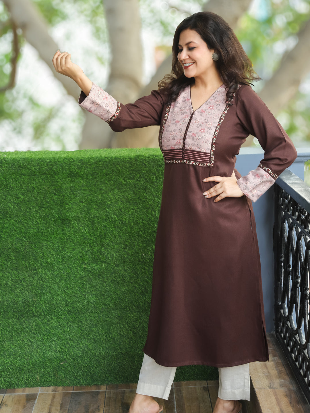 Tarang Choco Brown Potli Button Work in Floral Patch Neck Semi Pashmina Winter Kurti