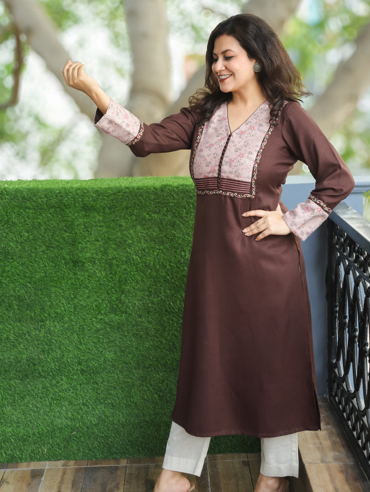 Tarang Choco Brown Potli Button Work in Floral Patch Neck Semi Pashmina Winter Kurti