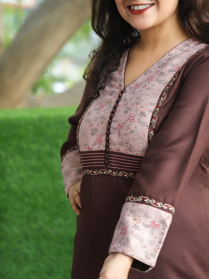 Tarang Choco Brown Potli Button Work in Floral Patch Neck Semi Pashmina Winter Kurti
