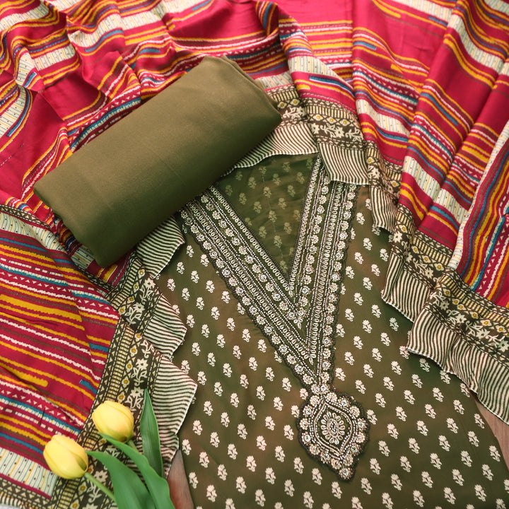 सरवरी Olive Green  Embellished V Neckline Foil Work Semi Pashmina Winter Set