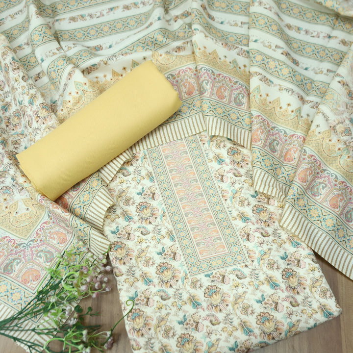 खुशी Cream White with Butter Yellow Kanni Digital Printed Semi Pashmina Winter Set