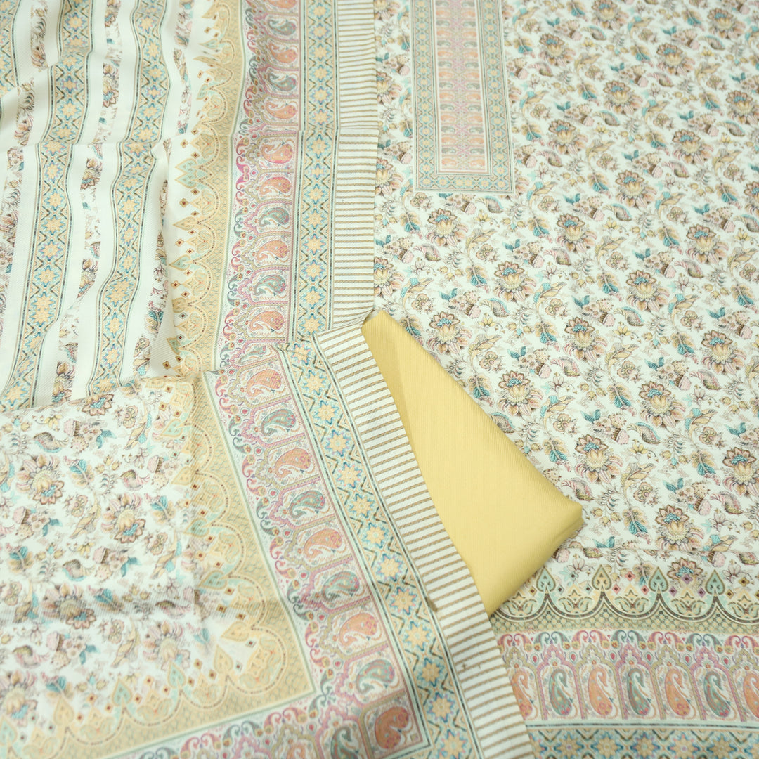 खुशी Cream White with Butter Yellow Kanni Digital Printed Semi Pashmina Winter Set