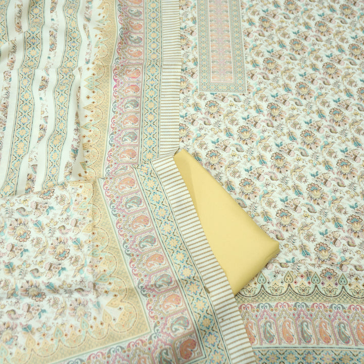 खुशी Cream White with Butter Yellow Kanni Digital Printed Semi Pashmina Winter Set