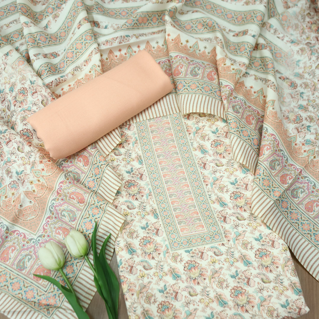 खुशी Cream White with Soft Peach Kanni Digital Printed Semi Pashmina Winter Set