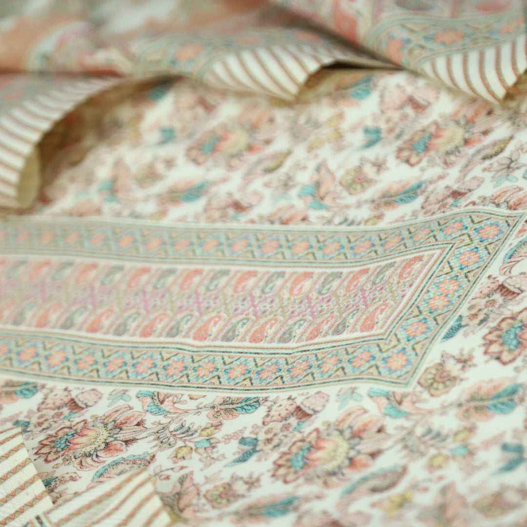 खुशी Cream White with Soft Peach Kanni Digital Printed Semi Pashmina Winter Set