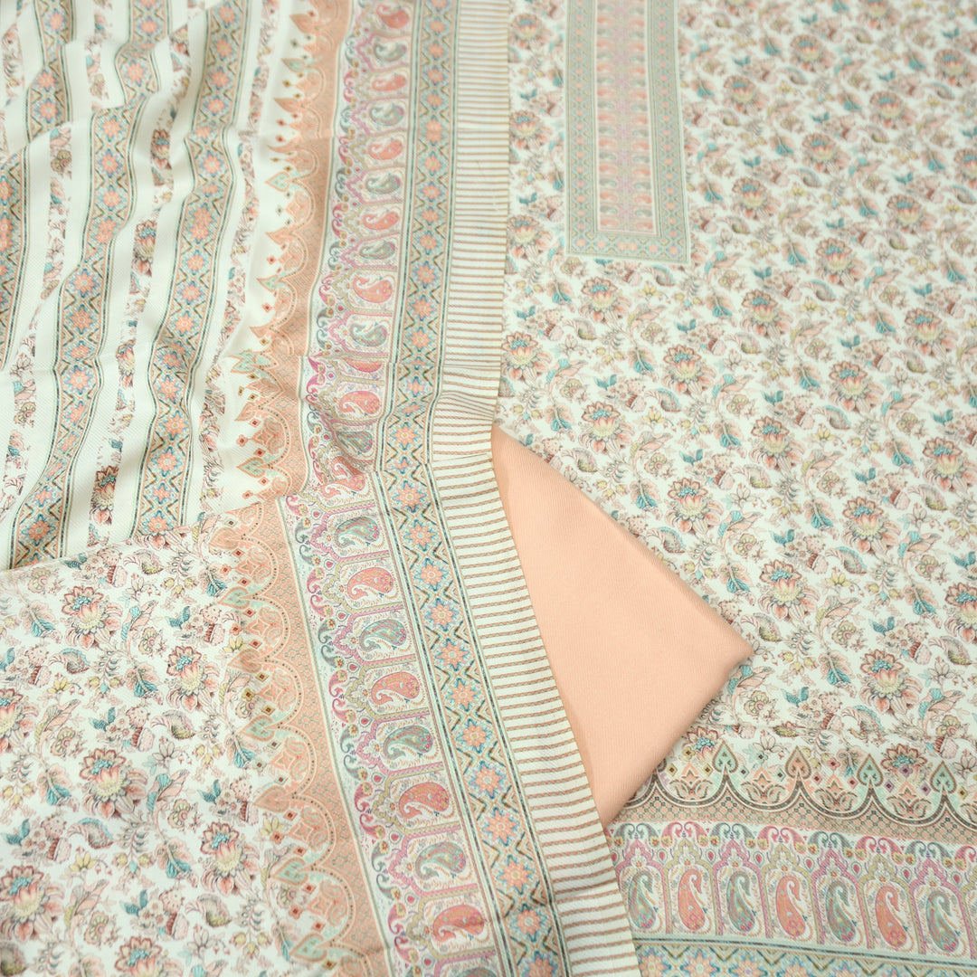 खुशी Cream White with Soft Peach Kanni Digital Printed Semi Pashmina Winter Set