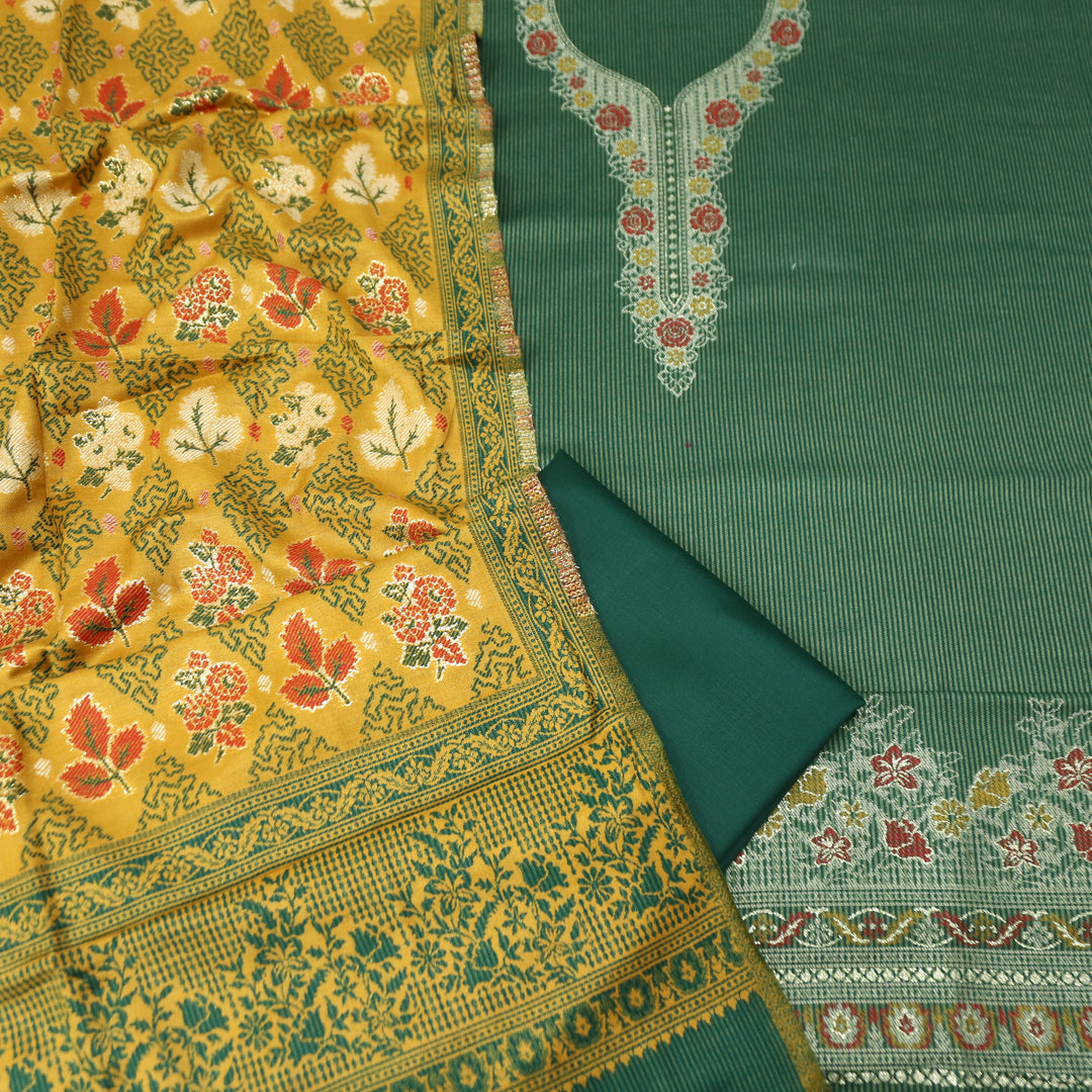 सोनिया Forest Green Thread Weaved with Zari Work Semi Pashmina Winter Set