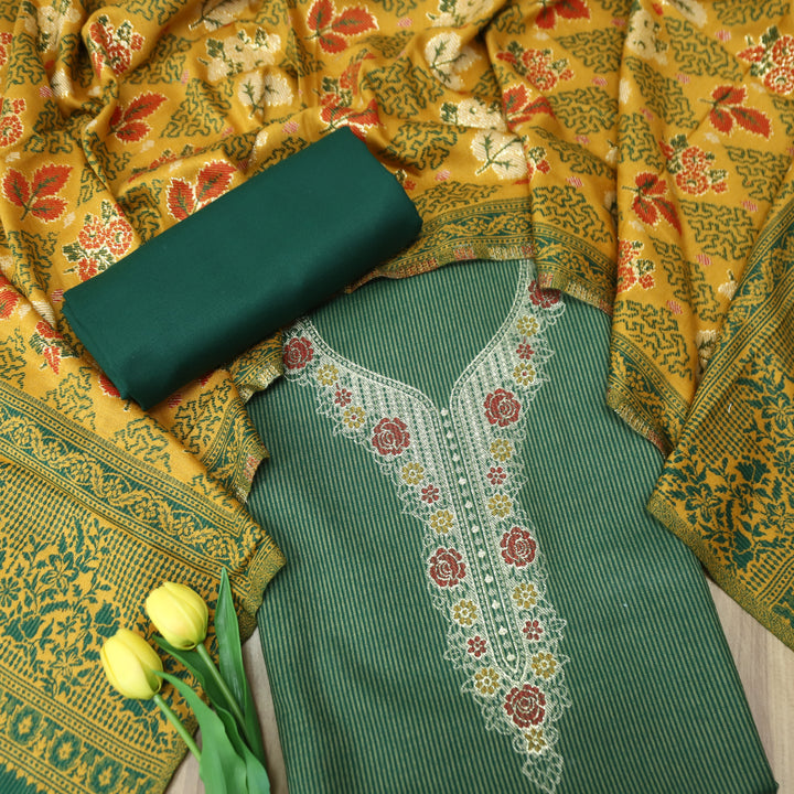 सोनिया Forest Green Thread Weaved with Zari Work Semi Pashmina Winter Set