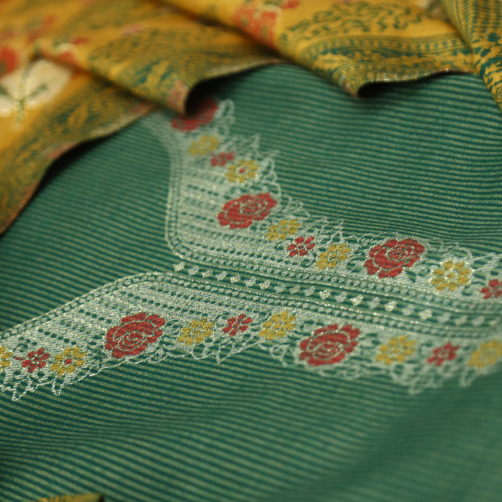 सोनिया Forest Green Thread Weaved with Zari Work Semi Pashmina Winter Set