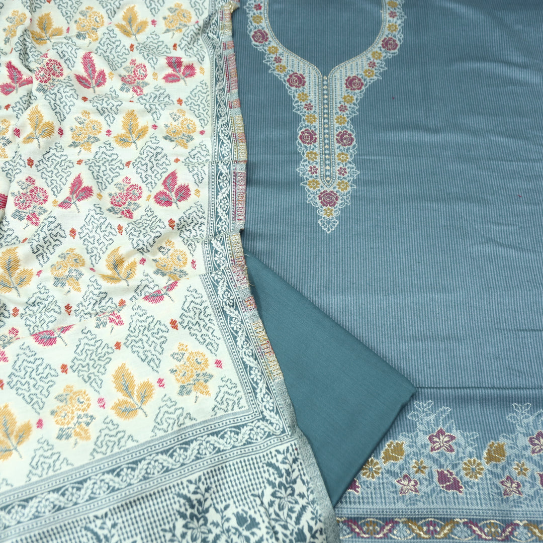 सोनिया Slate Grey Thread Weaved with Zari Work Semi Pashmina Winter Set
