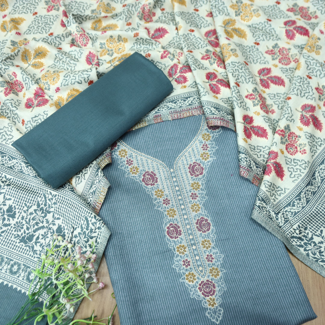 सोनिया Slate Grey Thread Weaved with Zari Work Semi Pashmina Winter Set