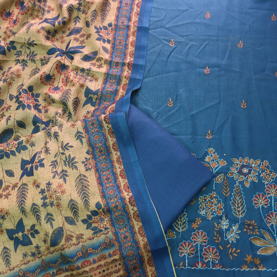 तमन्ना Denim Blue Balanced By Floral Printed and Aari Work Semi Pashmina Winter Set