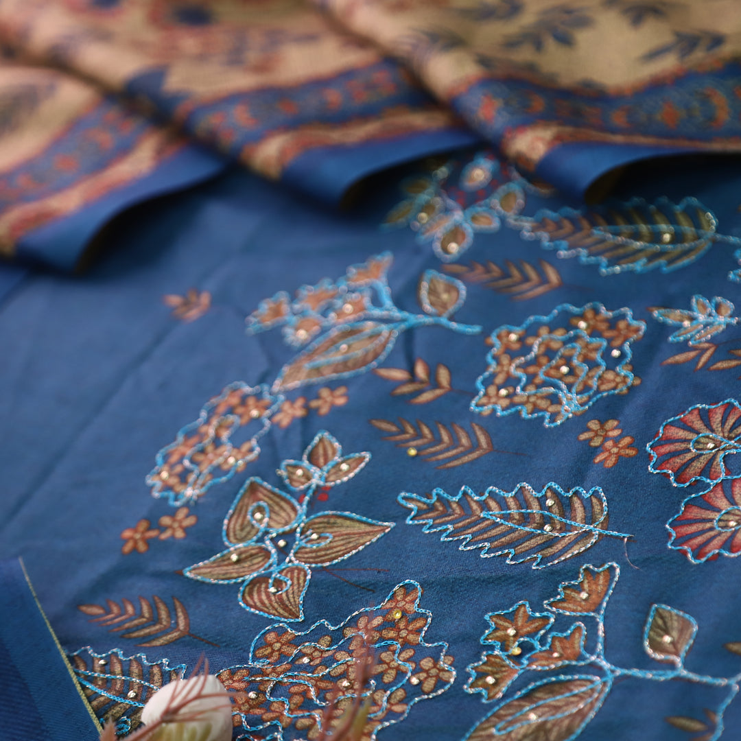 तमन्ना Denim Blue Balanced By Floral Printed and Aari Work Semi Pashmina Winter Set