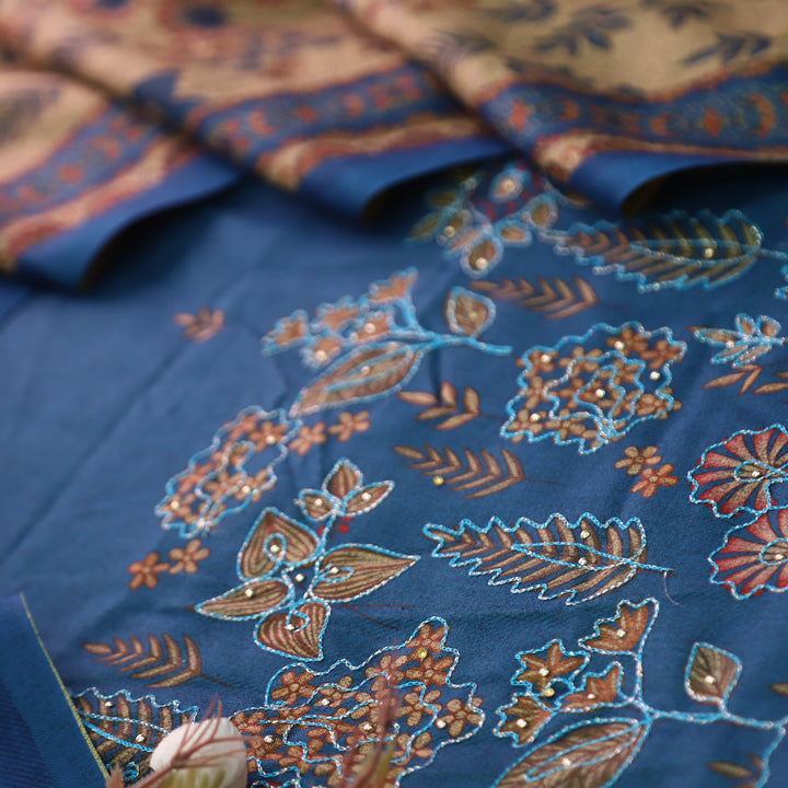 तमन्ना Denim Blue Balanced By Floral Printed and Aari Work Semi Pashmina Winter Set