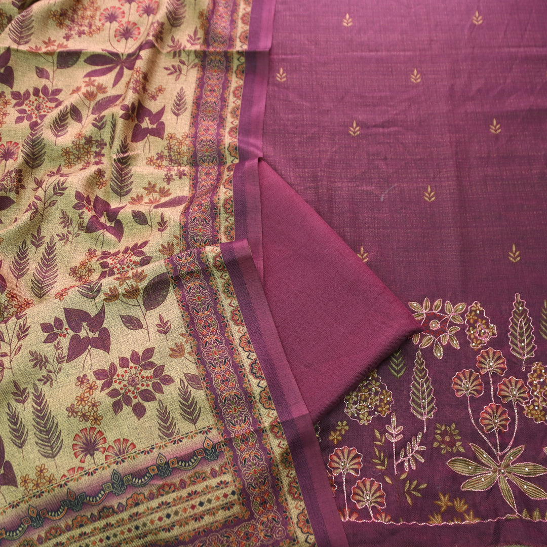 तमन्ना Raisin Purple Balanced By Floral Printed and Aari Work Semi Pashmina Winter Set