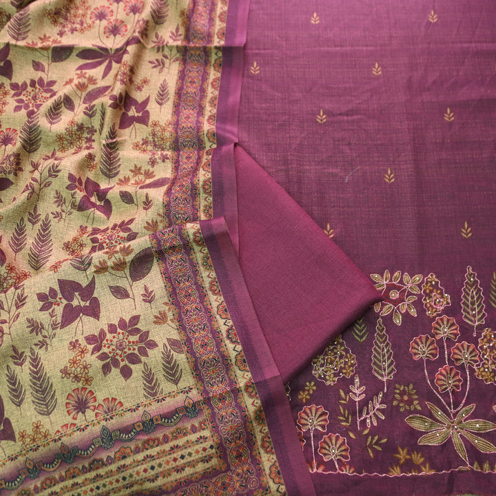 तमन्ना Raisin Purple Balanced By Floral Printed and Aari Work Semi Pashmina Winter Set