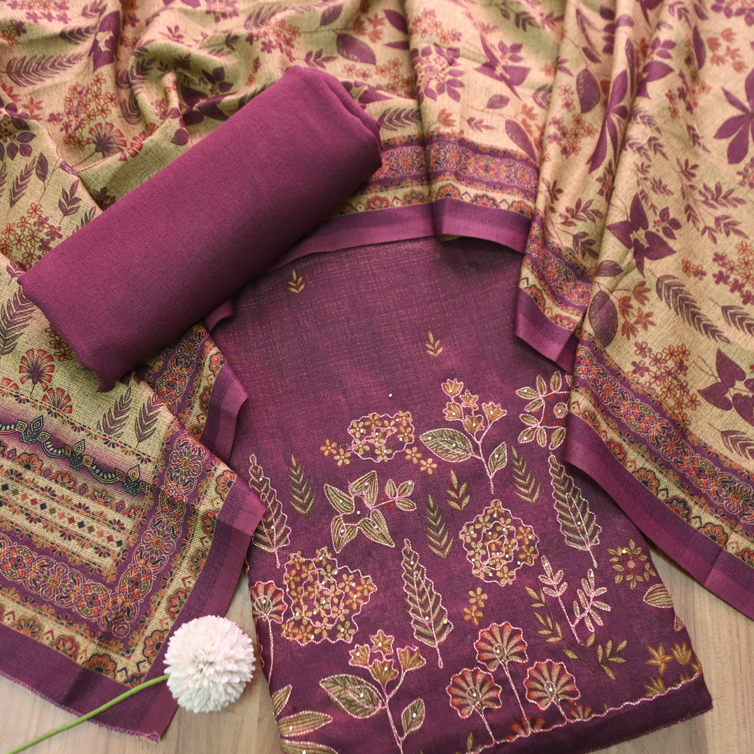 तमन्ना Raisin Purple Balanced By Floral Printed and Aari Work Semi Pashmina Winter Set