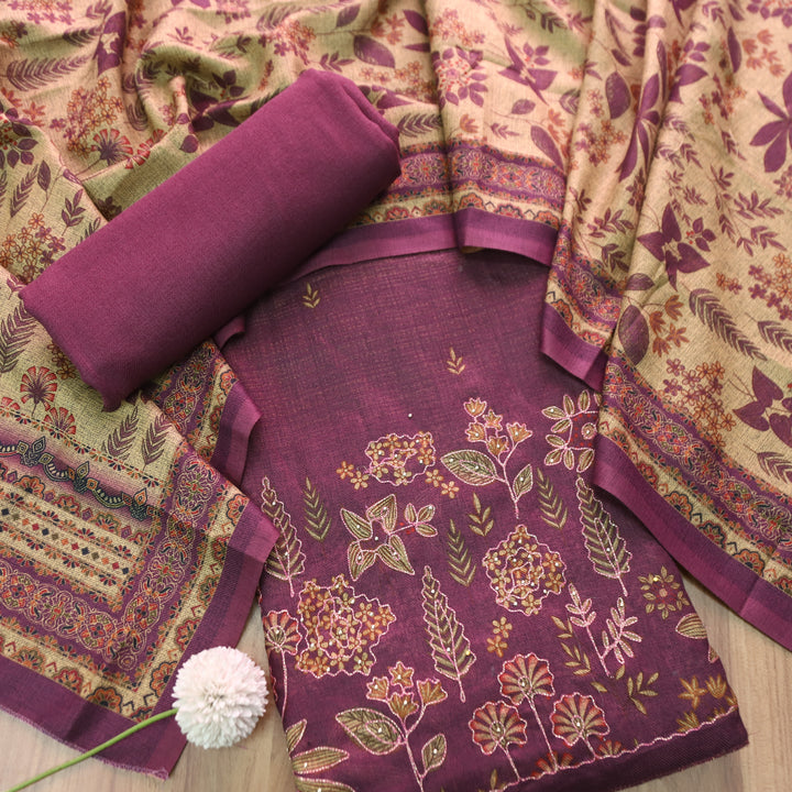 तमन्ना Raisin Purple Balanced By Floral Printed and Aari Work Semi Pashmina Winter Set