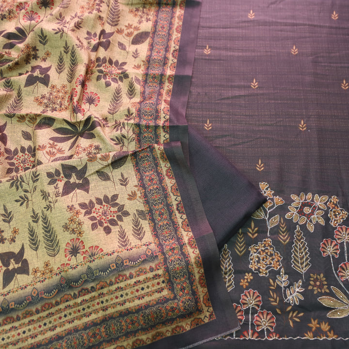 तमन्ना Faded Black Balanced By Floral Printed and Aari Work Semi Pashmina Winter Set