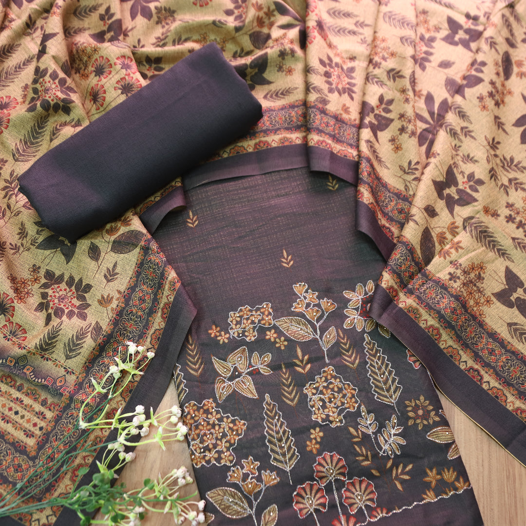 तमन्ना Faded Black Balanced By Floral Printed and Aari Work Semi Pashmina Winter Set